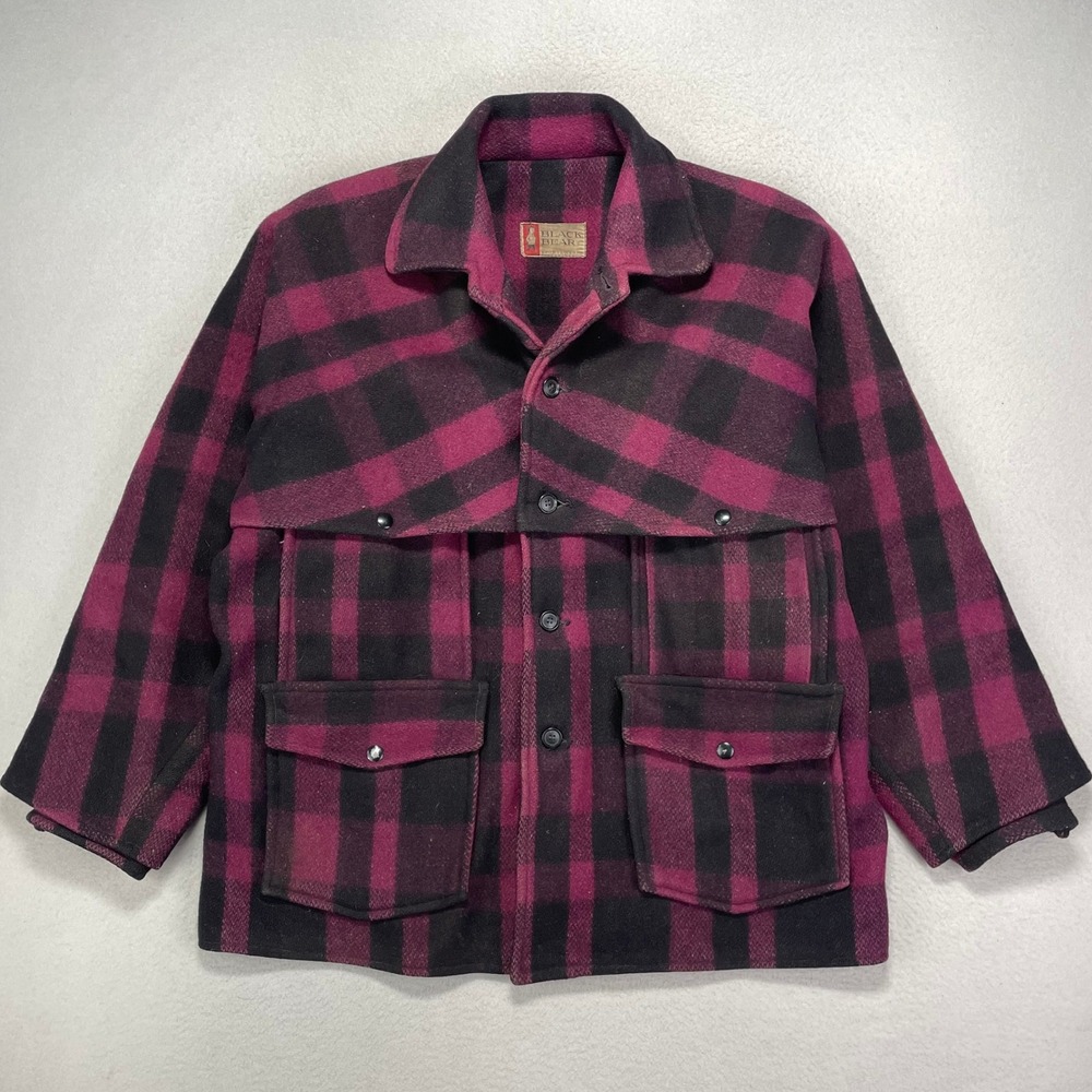 Vintage 50s Black Bear Mackinaw Jacket Mens M-L Buffalo Plaid Heavy Wool Hunting